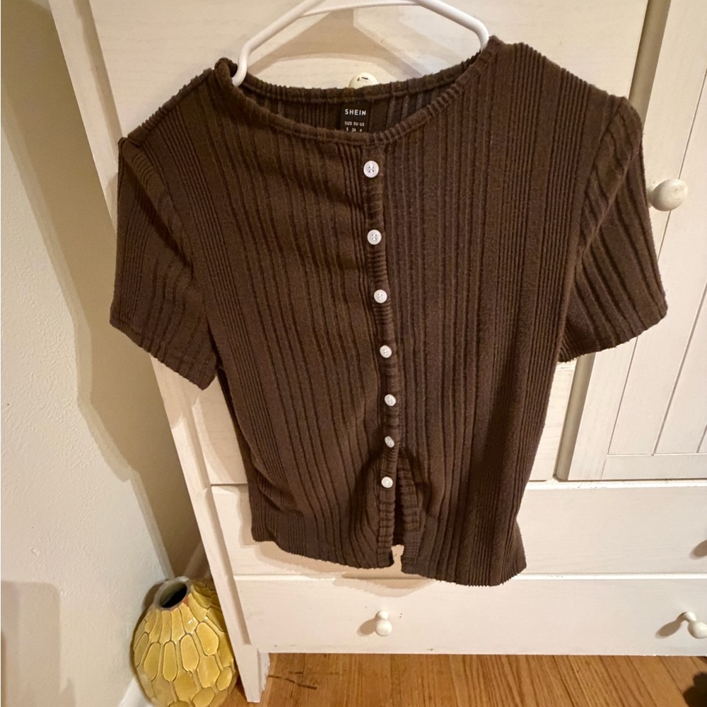 SHEIN Brown Ribbed Button-Up Top